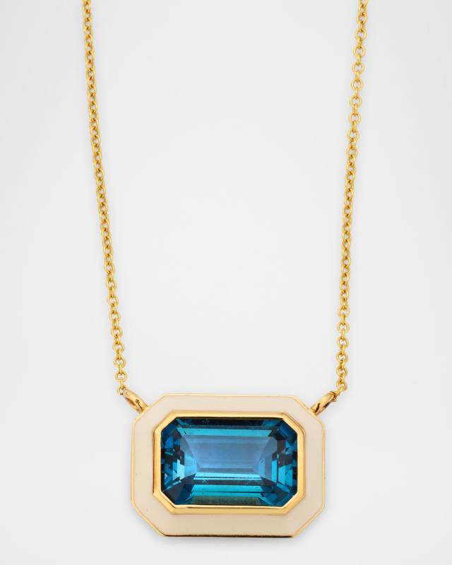 Queen 18K Yellow Gold London Blue Topaz Pendant Necklace with White Enamel